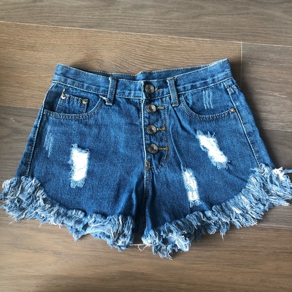 Blue denim jean shorts frayed fringe medium high rise cute jeans ripped